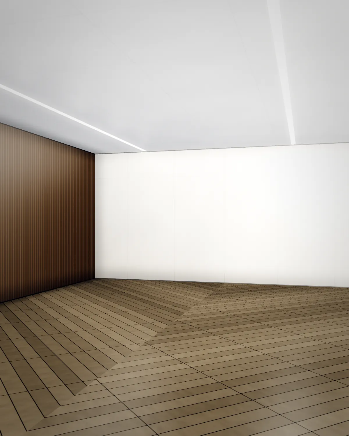 Fertiggestellter Innenausbau: Nussbaum-Lamellenwand, Fischgrätparkett und indirekte Beleuchtung