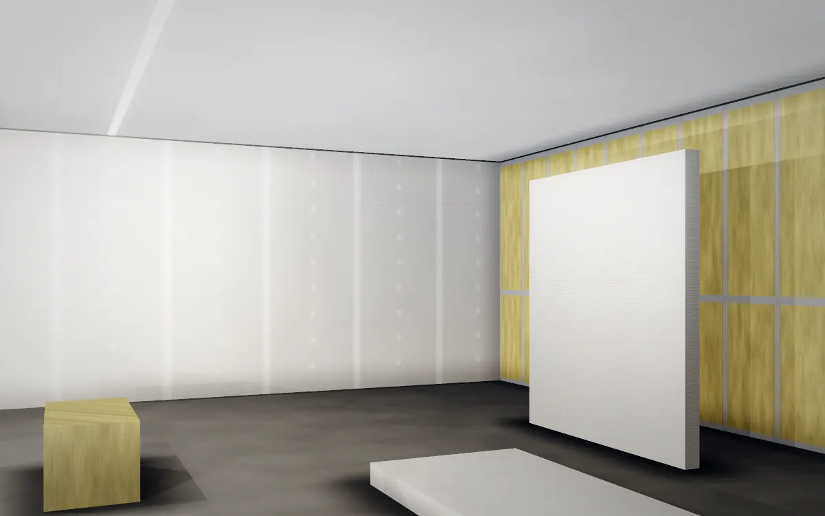 Trockenbau: Metall-Ständerwerk mit Mineralwolle-Dämmung, Gipsplatten und verspachtelter Wand